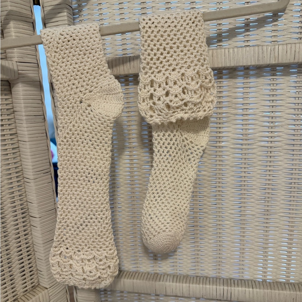 Handmade Cream Knit Slippers with Decorative Cuff